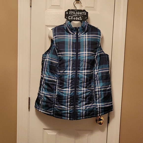 Red Camel Puffy Vest Plaid Blue White Plus 1X - Picture 1 of 3